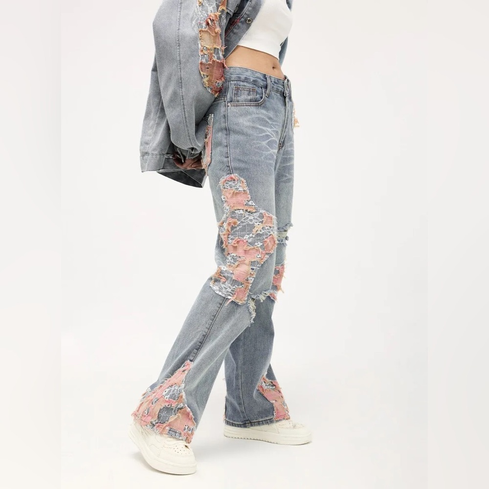 Aelfric Eden Distressed Lace Patchwork Baggy Wide Leg Jeans Size 29 NWT - Picture 12 of 15